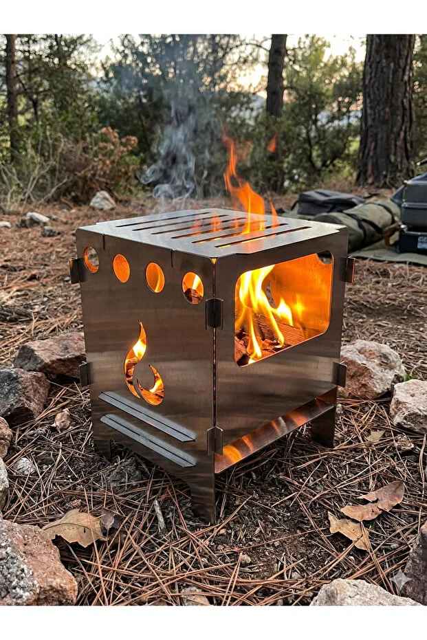 Large Ateş Kutusu / Portatif Katlanır Kamp Ocağı / Kül Tablalı & Çantalı (15x15x20 cm)